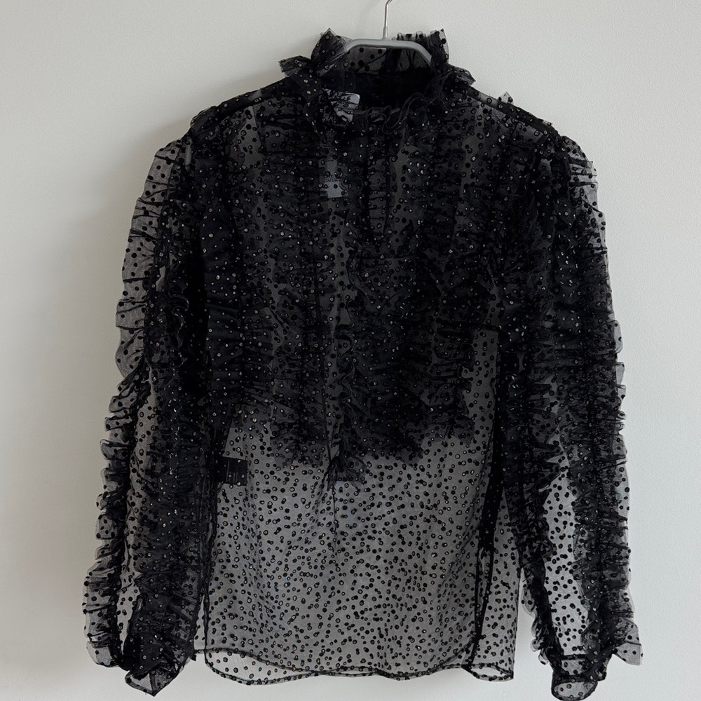 Akris Punti black Sheer Ruffle Top with gold dot details Size 2